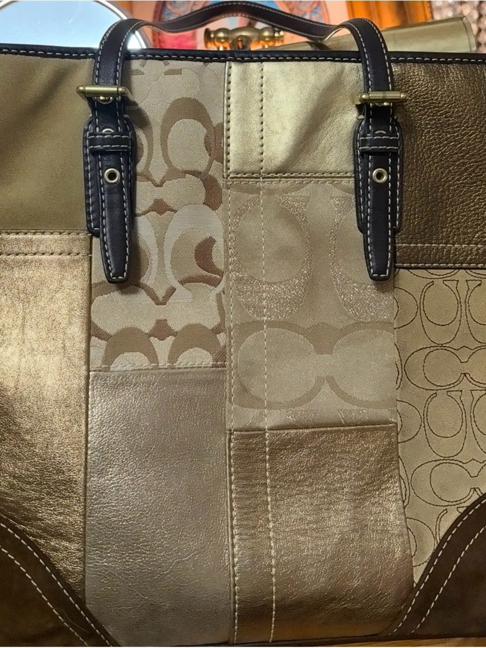 Coach Metallic Patchwork Tote in Taupe and Brown  GOLD TONE ABSOLUTELY STUNNING!